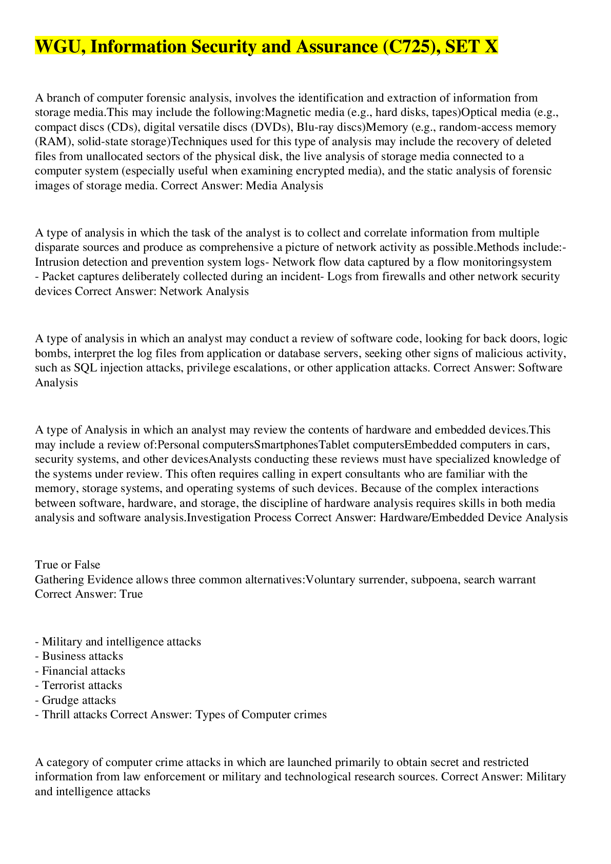 Preview image for WGU, Information Security and Assurance (C725), SET X